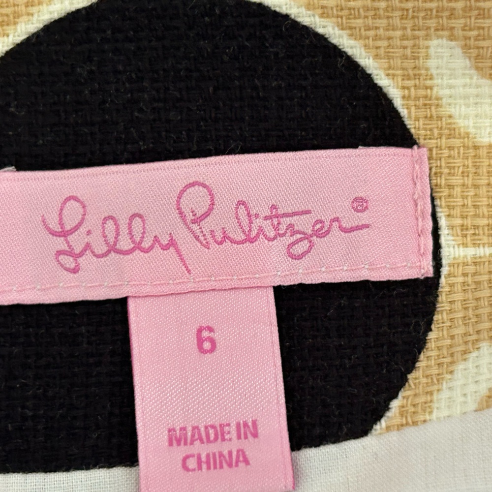 LILLY PULITZER Skirt Sz 6 Pink Tan Black Medallion Print Lined Linen Side Zip - Picture 12 of 13